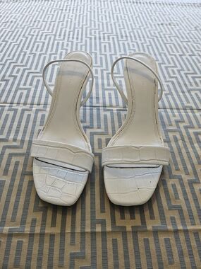 Zara White Croc-Embossed Strap Kitten Heels